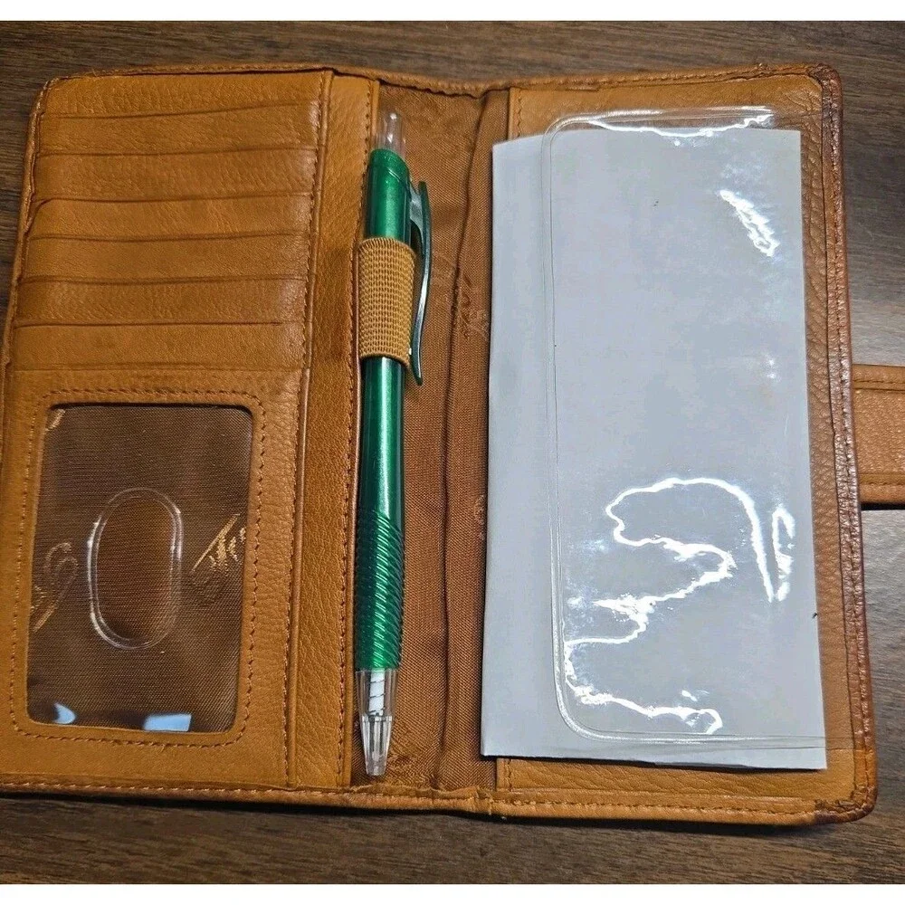 Vintage Fossil Brown Leather Trifold Checkbook Wallet Clutch Pen Loop Y2K